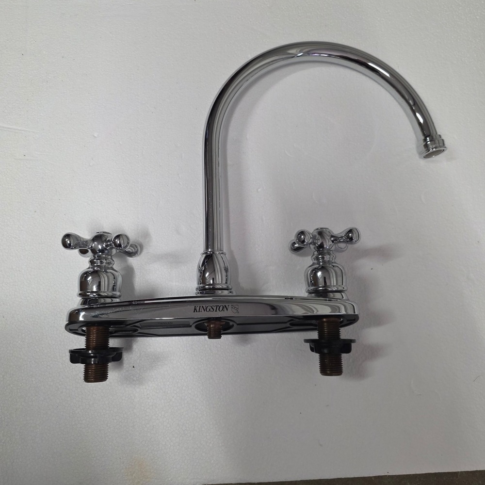 Kingston Brass Chrome Gooseneck Kitchen Faucet Dual Cross Handle Deck Mount 8"